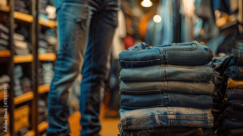 Interior of Clothing Store with Stack of Jackets and Trousers.