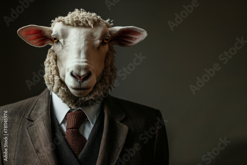 Person in suit and tie with sheep head - symbol of conformity and obedience