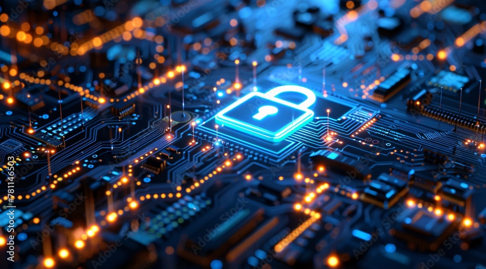 Futuristic Digital Security Shield with Padlock on Circuit