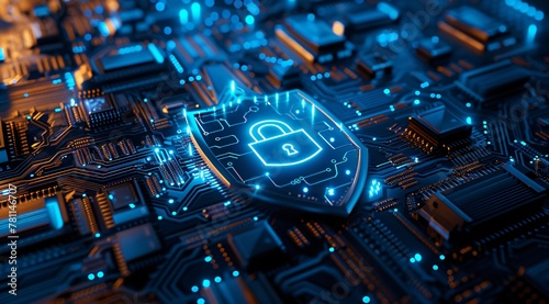 Digital Cybersecurity Shield with Glowing Padlock Symbol