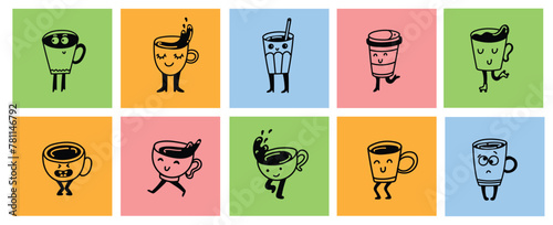 Set of retro doodle funny characters posters. Vintage drink vector illustration. Latte, cappuccino, coffee cup mascot. Nostalgia 60, 70s, 80s. Print for cafe