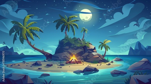 Modern cartoon sea landscape with palm trees  rocks  and sand beach with bonfire showing a lost island in the ocean with a single castaway asking for help.