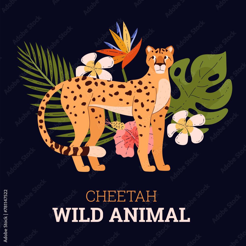 Naklejka premium Jungle cheetah with exotic plants vector illustration