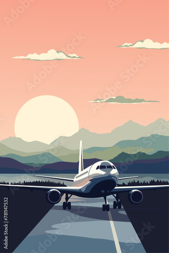 Vector retro style poster with airplane or jet on a runway among mountains at sunset or sunrise, vintage style image