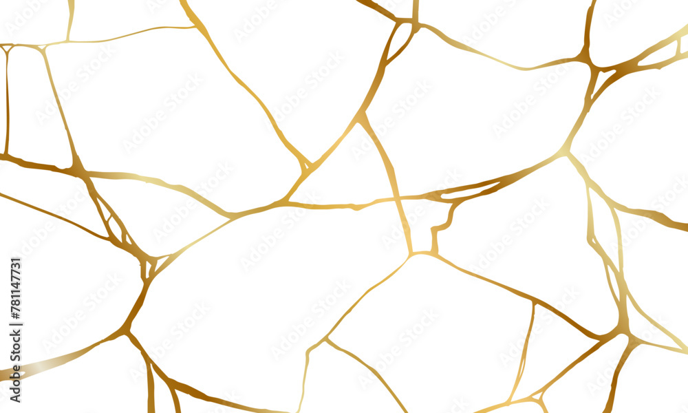 Fototapeta premium Gold kintsugi crack repair marble texture vector illustration isolated on white background. Broken foil marble pattern with golden dry cracks. Wedding card, cover or pattern Japanese motif background.