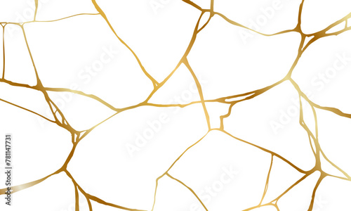 Gold kintsugi crack repair marble texture vector illustration isolated on white background. Broken foil marble pattern with golden dry cracks. Wedding card, cover or pattern Japanese motif background. © Konstantin