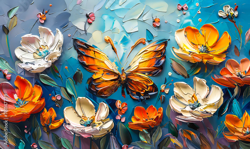 Vivid Orange Butterfly Amongst Lustrous Floral Oil Painting - Summery Artistic Impression