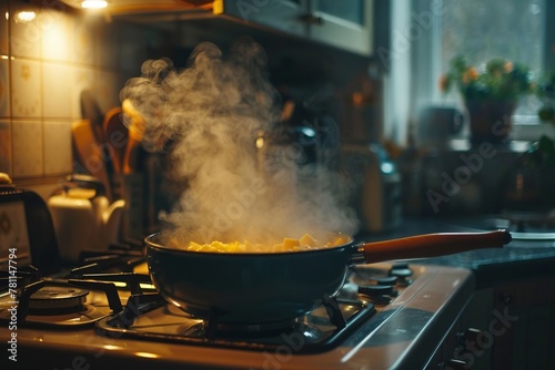 Bubbling pot on stove, cozy winter soup, steamy kitchen