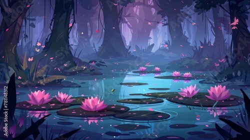 Forest with swamps and water lilies. Computer games background, fantasy mystic landscape view with pond covered with ooze, Cartoon modern illustration. photo