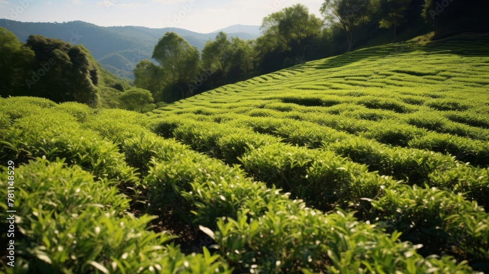 Rows of green tea bushes cascading down a picturesque hillside
