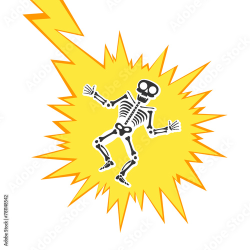Skeleton electric shock by high voltage or lighting electrocuted caution silhouette flat style design vector illustration. A funny human skeleton had an electric shock or lightning strike.