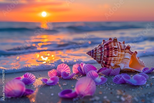 a seashell on a beach with purple petals