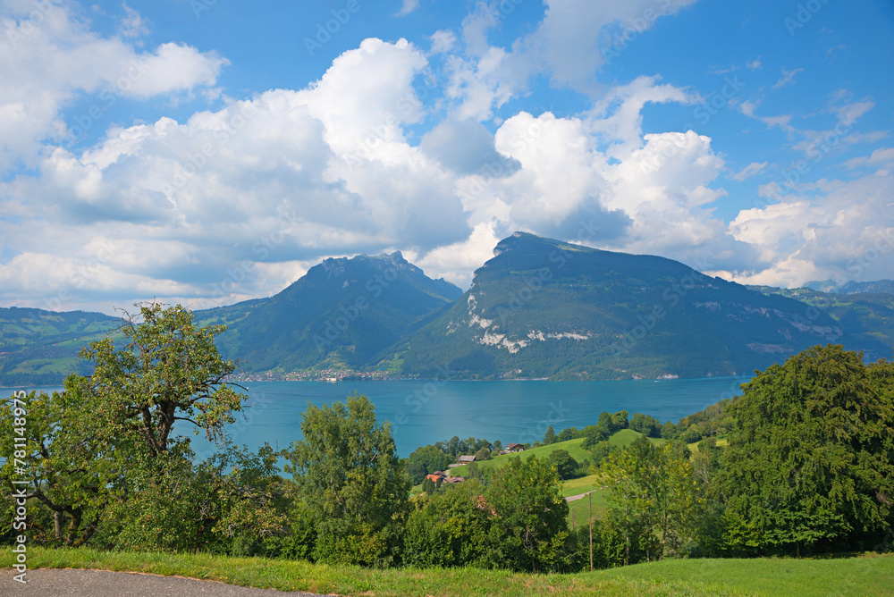 idyllic landscape Bernese Oberland, view to Niederhorn mountain and lake Thunersee