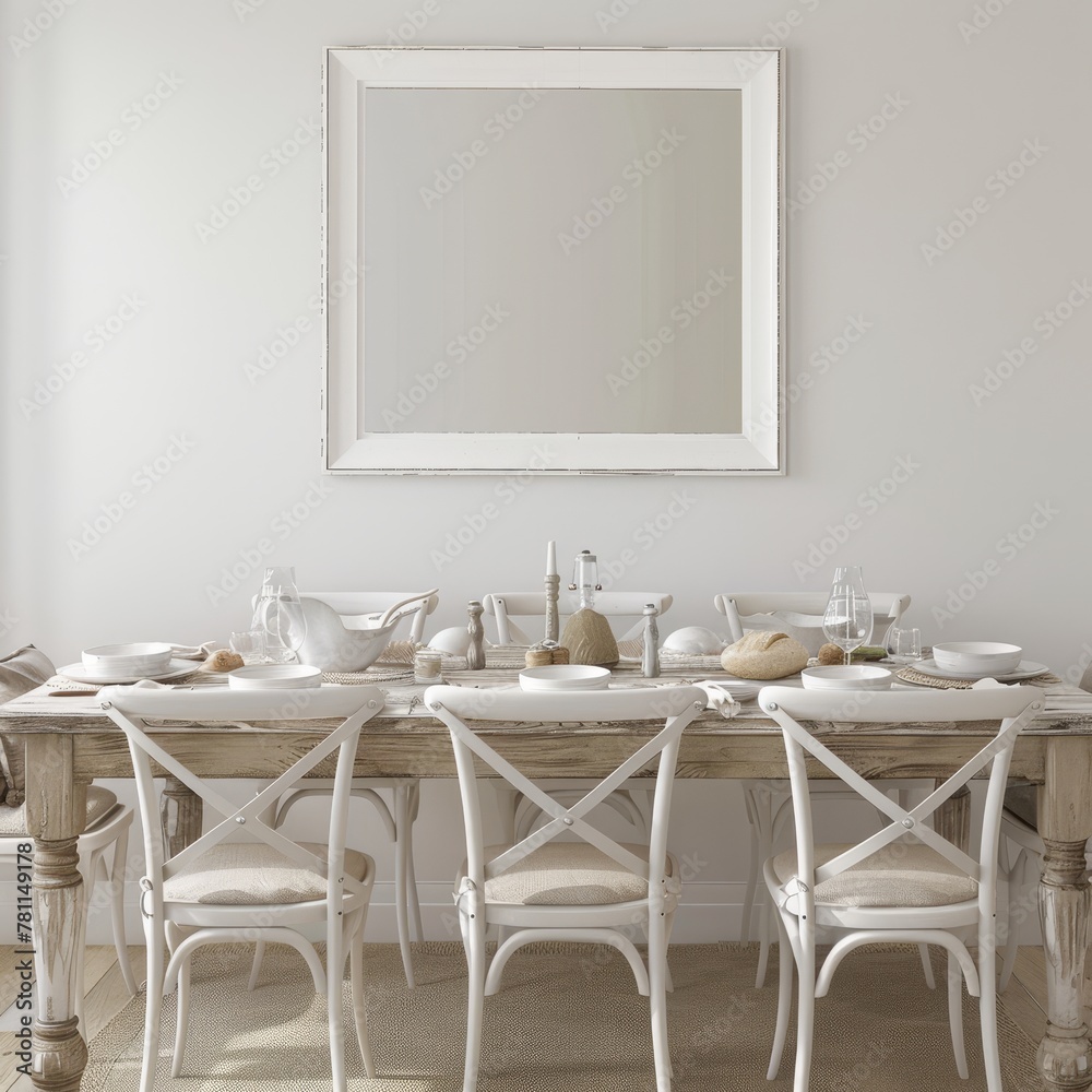 A rustic dining room with a farmhouse table set for a meal, and a white frame mockup on the wall, great for family memories. A rustic dining room with a farmhouse table set for a meal, and a white frame mockup on the wall, great for family memories.