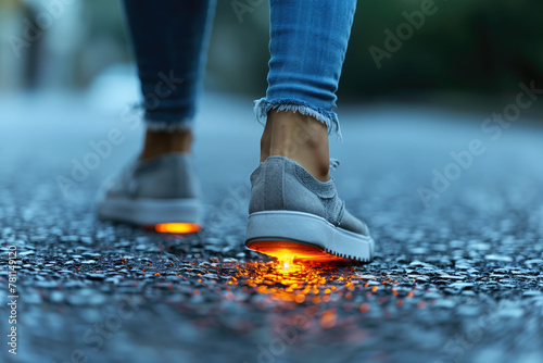 Jogging in sneakers with glowing soles, safety in the dark
