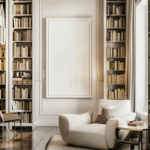 A sophisticated library, floor-to-ceiling bookshelves, and a white frame mockup above a reading nook, awaiting a classic literary quote.  © RDO