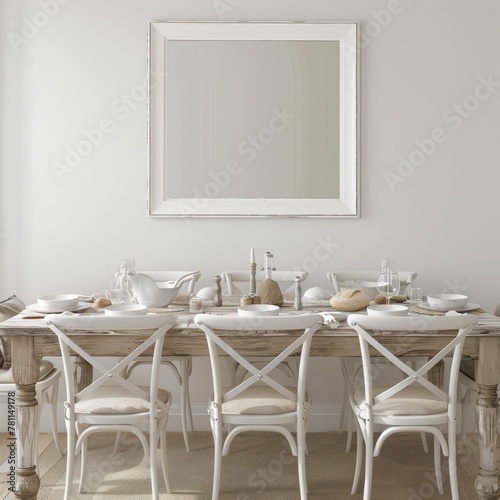 A rustic dining room with a farmhouse table set for a meal, and a white frame mockup on the wall, great for family memories. 