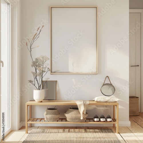 A sleek, modern entryway with a minimalist shoe rack and a large white frame mockup above it, welcoming guests with a custom greeting.
