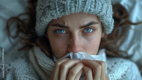 The woman lies in bed, afflicted by a cold, her delicate hand clutching a tissue as she stifles her frequent sneezes.
 photo