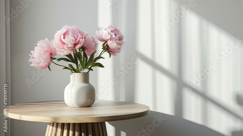Scandinavian minimalist interior. vase of flowers on the table in a minimalist style. Cozy studio with sunlight and shadows