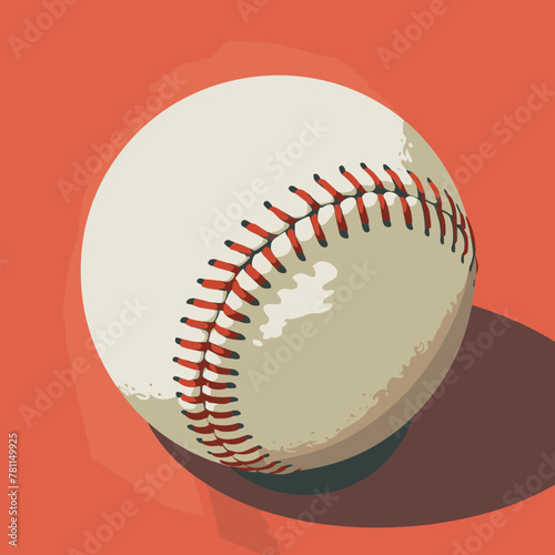 A baseball is shown in a red background. The ball is white with red stitching. Concept of nostalgia and the excitement of playing baseball