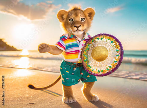 Cute Lion Boy Holding a Colorful Wide Brim Hat Dancing on the Sandy Beach