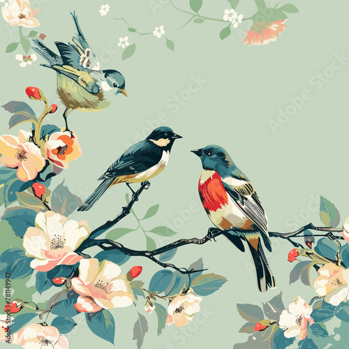 Three birds are perched on a branch with flowers in the background. The birds are of different sizes and colors, and they seem to be enjoying the view of the flowers