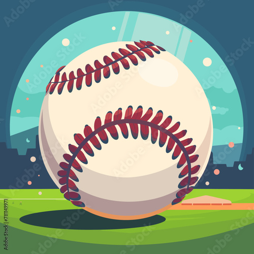 A baseball is shown in the center of the image, with a red and white striped band around it. The image has a playful and fun mood, as it is a cartoonish representation of a baseball