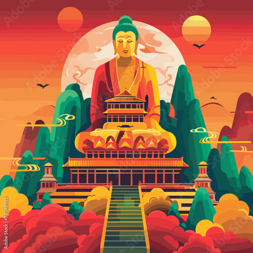 A painting of a mountain with a temple on top and a statue of Buddha in the middle. The painting has a peaceful and serene mood, with the bright colors and the presence of the Buddha statue