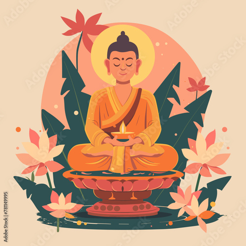 A man in a yellow robe is sitting in a lotus position in front of a pond with flowers