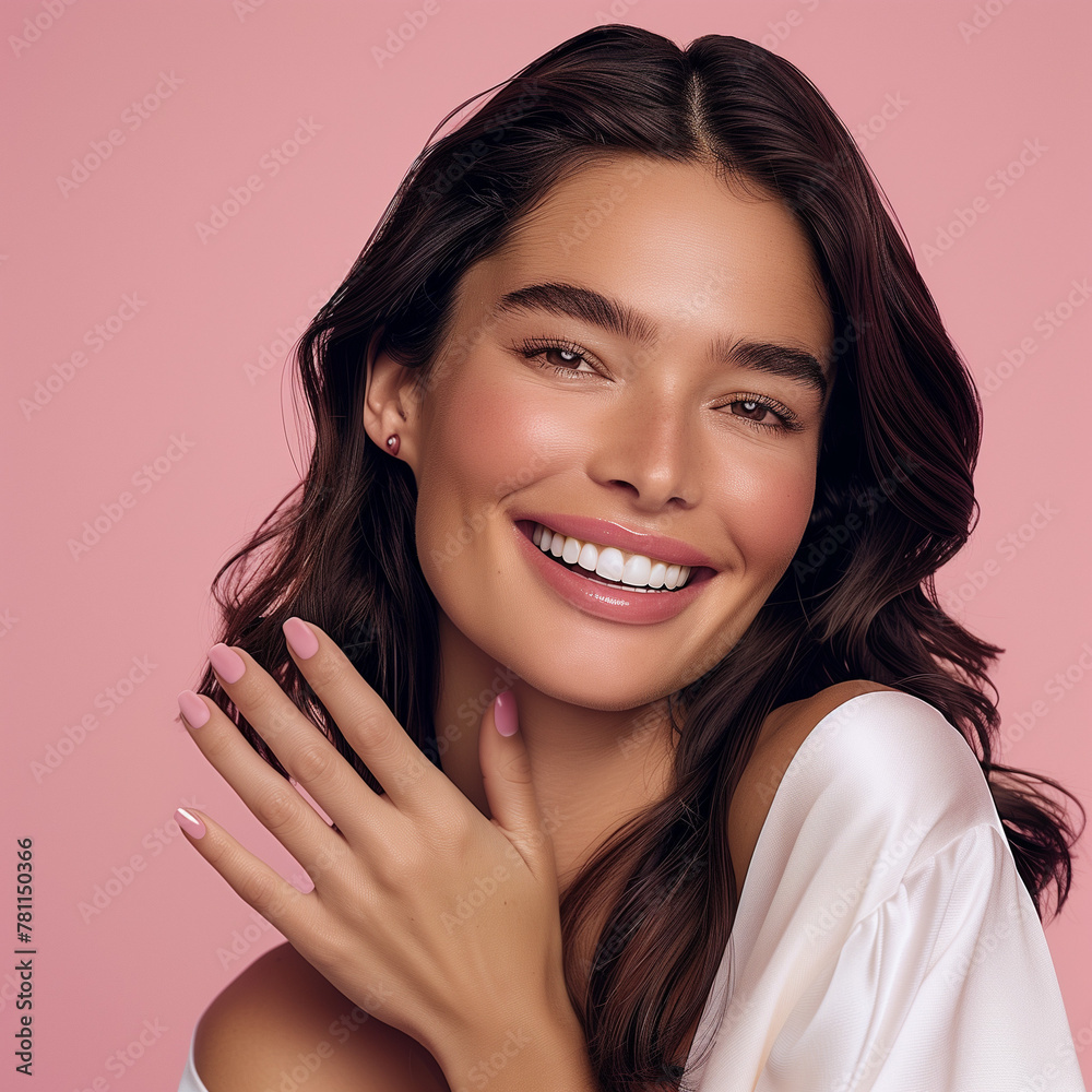 Photo of a model with dark hair, dressed in white and smiling at the camera, showing her manicure on a pink background, with her hand in front of her body, close-up shot, advertising style. Photo of a model with dark hair, dressed in white and smiling at the camera, showing her manicure on a pink background, with her hand in front of her body, close-up shot, advertising style.