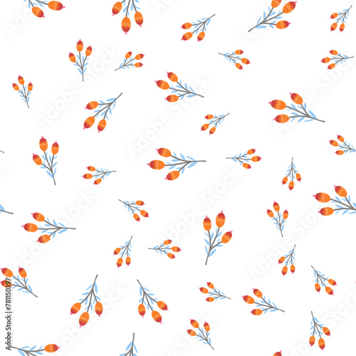 Seamless pattern with flowers. Simple vector flowers. Leaves, branches. Pattern with ornamental grasses. Flat style. Fabric design, textiles, print.