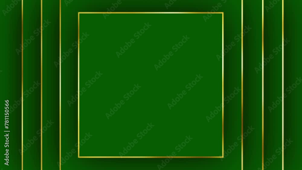 Green squares with a gold border appear on a green background, in the center there is an empty space for your text or product. Animated background for advertising or holiday greeting.