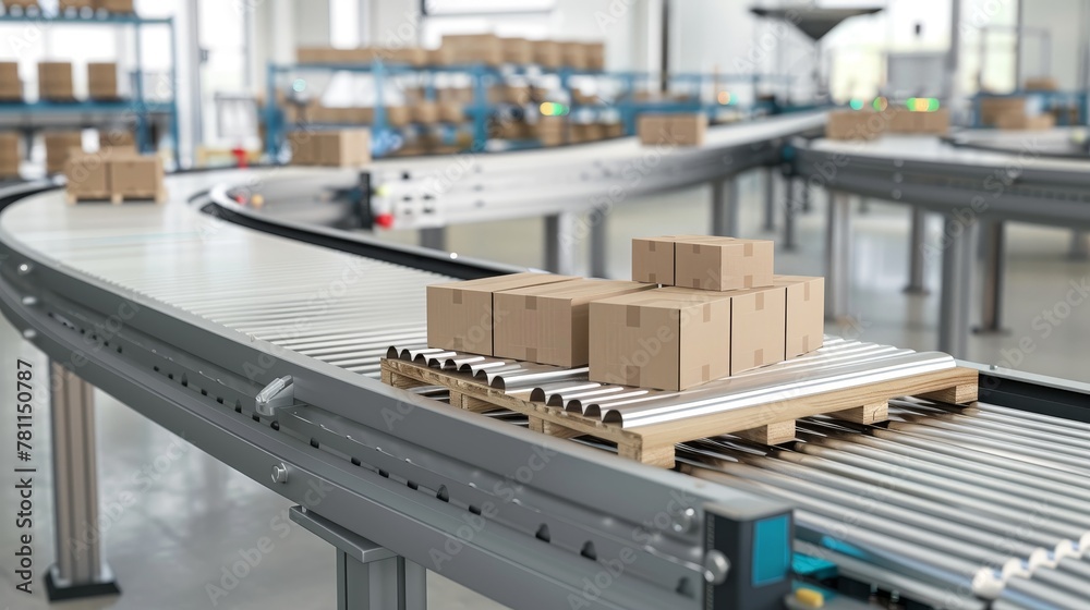 A conveyor belt with cardboard boxes at a factory, plant or warehouse. Isolated modern illustration of a production line with product packages.