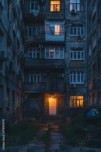 A front view of an old flat, with some of the apartments lit on © grey