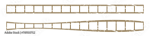 Fish shape 35mm grunge texture film strip vector design with 15 frames on white background. Brown film reel symbol illustration to use in photography, television, cinema, travel, photo frame. 