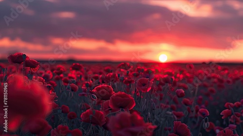Poppy field sunset. Generative AI