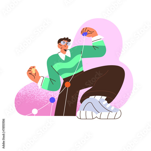 Accounting, analysis. Accountant does financial audit with diagrams. Analyst researches data, planning strategy. Management of work processes. Flat isolated vector illustration on white background