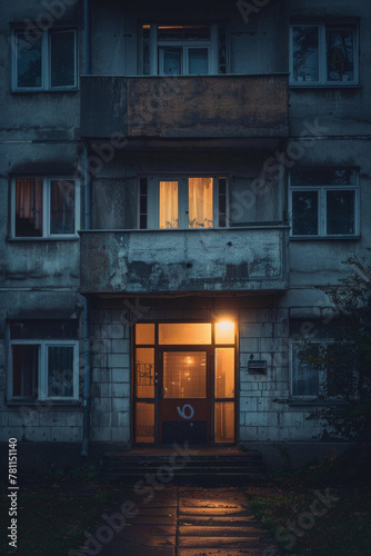 A front view of an old flat, with some of the apartments lit on