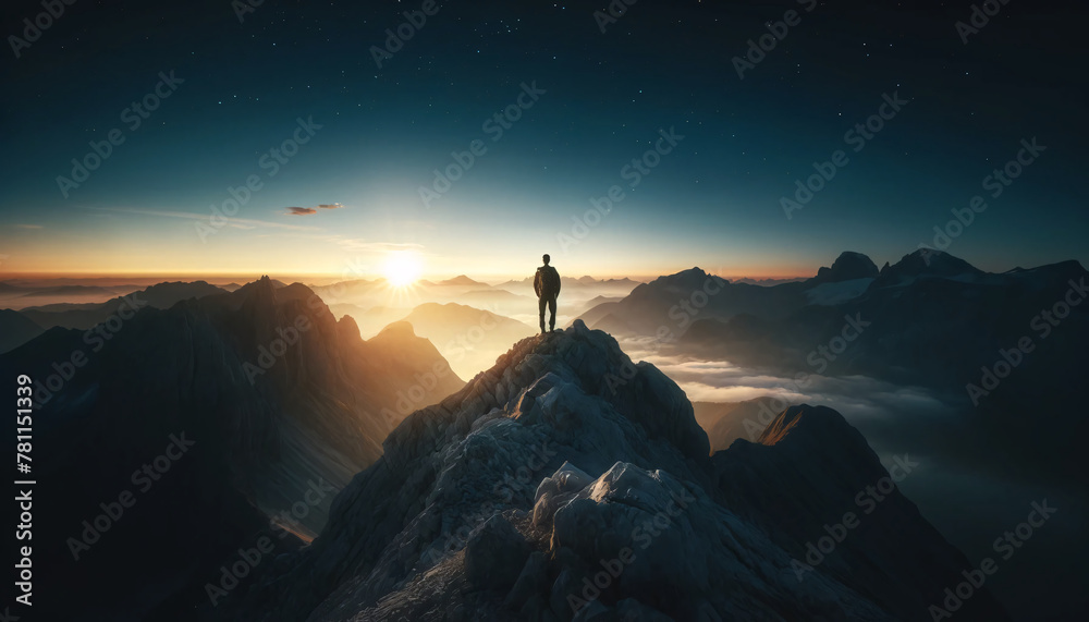  a lone adventurer standing on a mountain peak at dawn