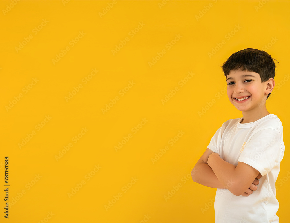 Smiling boy standing on yellow background
