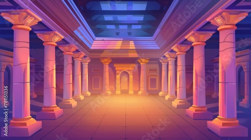 An ancient building design, ancient Greek temple, Roman columns, an empty ballroom or theater interior. Cartoon modern illustration.