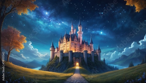 A majestic fantasy castle stands under a starry night sky, its turrets and spires bathed in warm light, creating a scene of magical allure. AI Generation