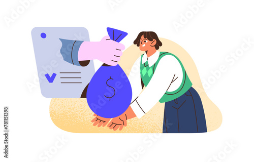 Worker receives online payment for work. Man gets earnings, salary by money transfer. Remittance, Financial transaction, receipt of funds in banking app. Flat isolated vector illustration on white
