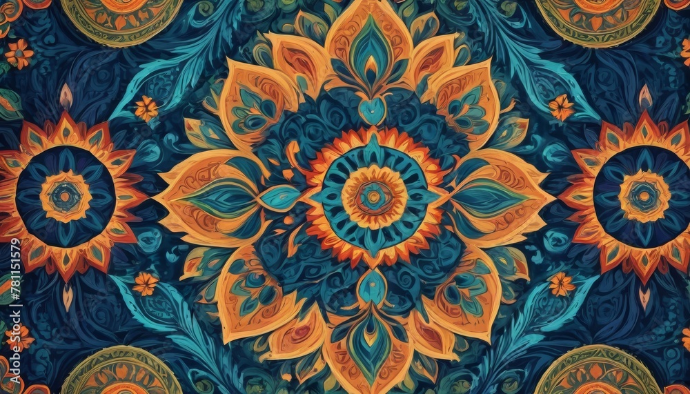 Digital creation featuring an ornate kaleidoscopic pattern with floral elements in rich teal and orange tones. AI Generation