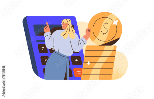 Money management, budget planning. Accountant calculates stack of coins. Woman counts financial savings with calculator. Bookkeeping concept. Flat isolated vector illustration on white background