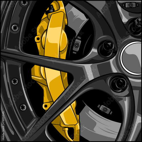 vector illustration of black car rims with gold brake pads