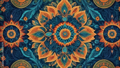 Digital creation featuring an ornate kaleidoscopic pattern with floral elements in rich teal and orange tones. AI Generation