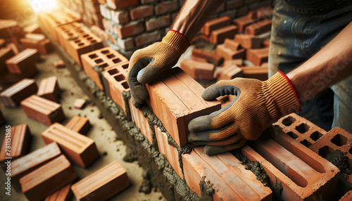 the hands of a construction worker laying bricks