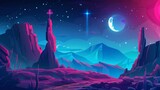Fantasy mountains, book or computer game scene, futuristic landscape background with glowing moon or satellite above rock cliff in dark starry sky. Cartoon modern illustration.